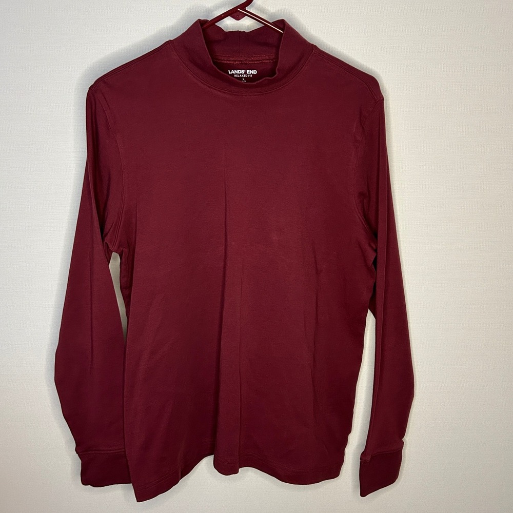 Lands End Burgundy Mock Neck Long Sleeve Relaxed Fit Top 100% Cotton Women Large